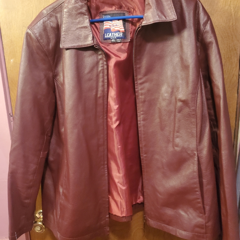 USA Leather Jacket Vintage Burgundy Zipper Woman's 4XL
